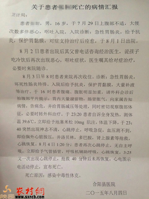 关于患者死亡的病情汇报